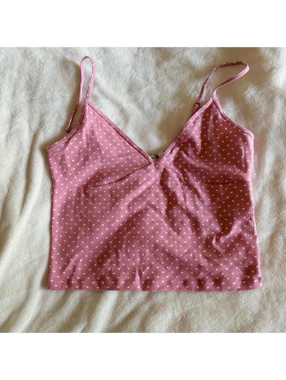Aritzia Sunday Best pink tank with white hearts and adjustable straps